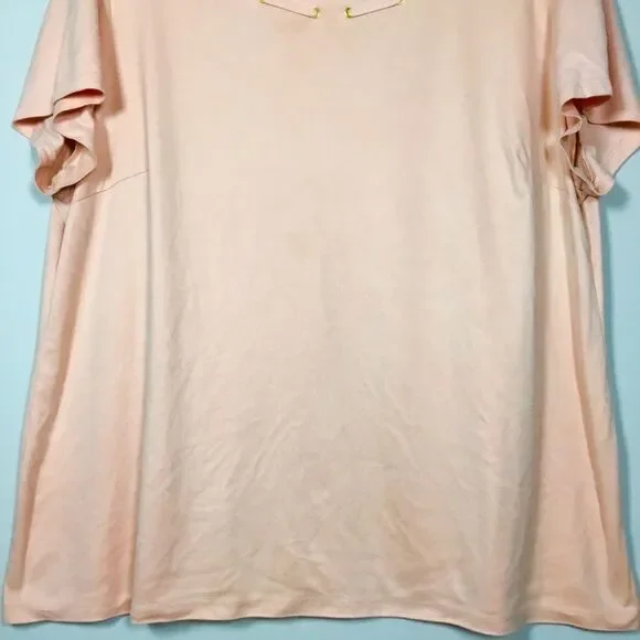 Chicos pink faux suede vegan short sleeve round neck with gold tone detail sz L - Picture 3 of 7